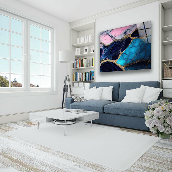 Wandbild aus Glas mit blauer und rosa Marmorstruktur