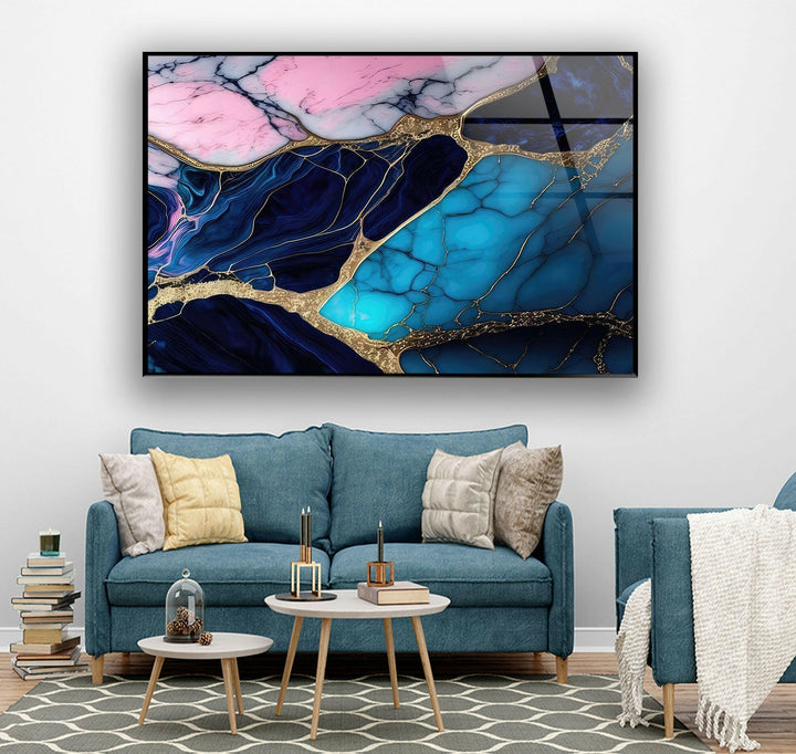 Wandbild aus Glas mit blauer und rosa Marmorstruktur