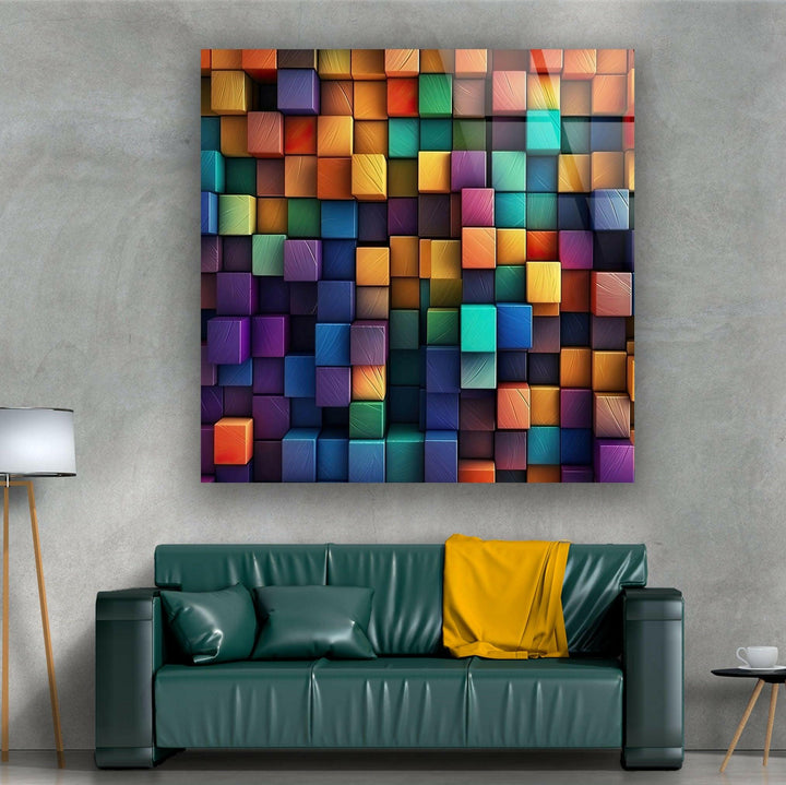 Colorful Mosaic Cubes tempered Glass Wall Art