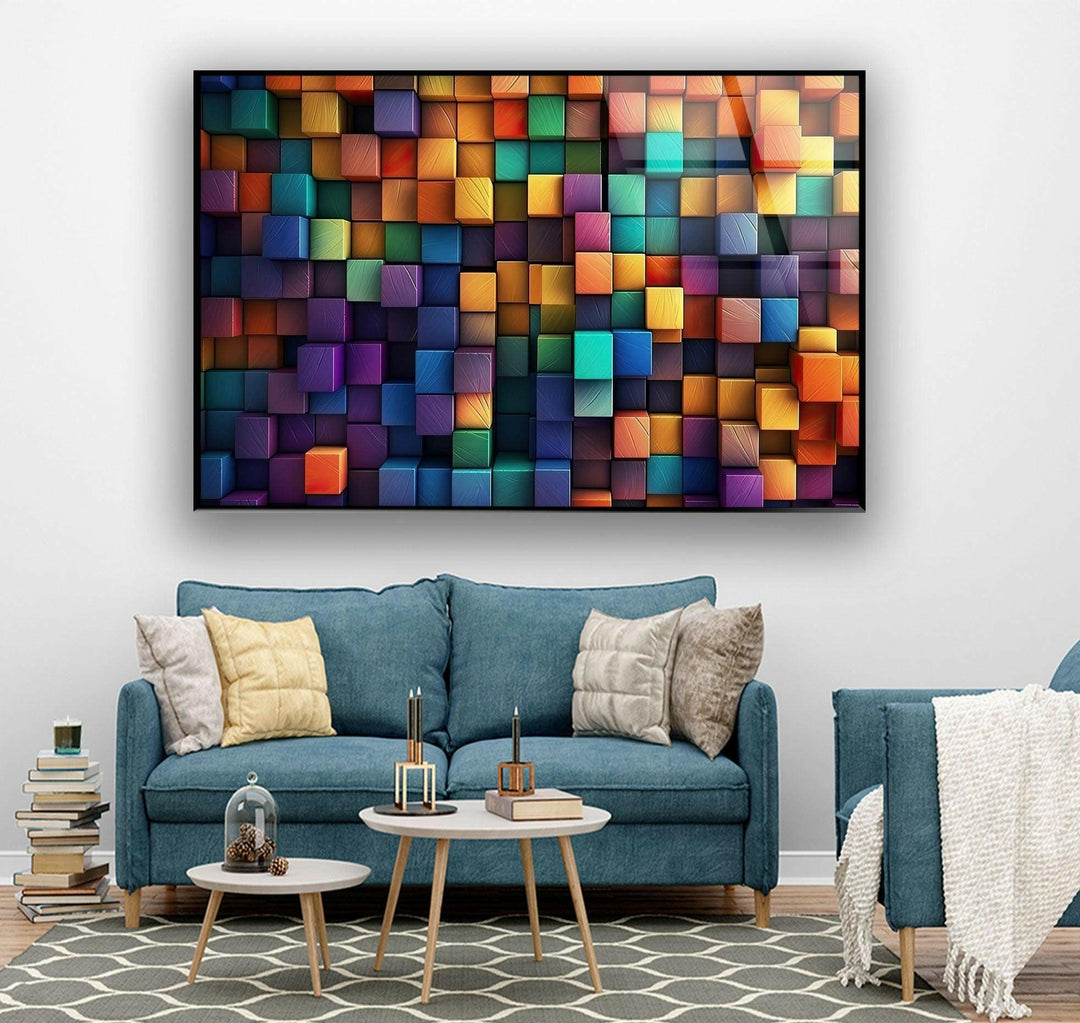 Colorful Abstract Cubes Glass Wall Art