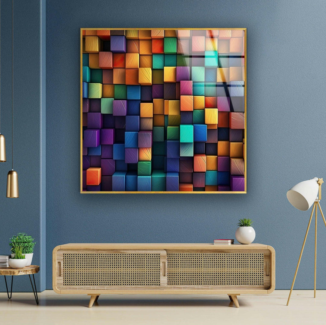 Colorful Mosaic Cubes tempered Glass Wall Art