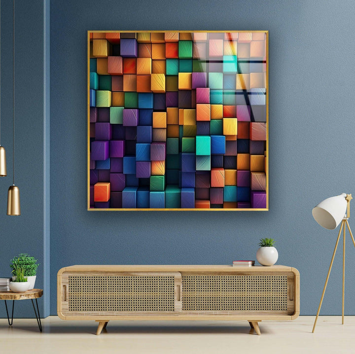 Colorful Mosaic Cubes tempered Glass Wall Art