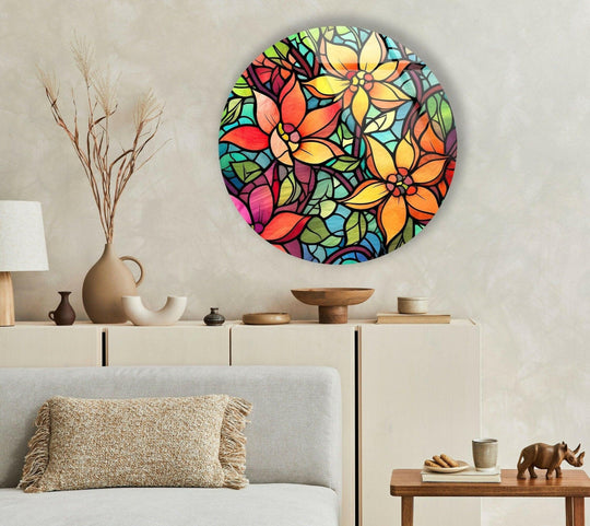 Layering effect is showcased in this stained flower and leaf round art, a tempered glass wall art piece with vibrant details creating depth.
