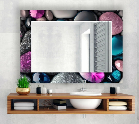 The wall mirror shows pink and grey stones and is luxury mirror art featuring ultra 8K prints with stained glass style and decorative gems stone effect