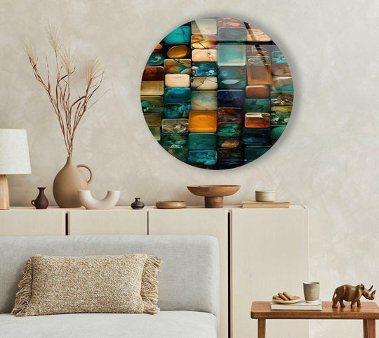 Highlighting the realistic detail, the stained round blue stones glass captures the essence of vibrant wall art prints through colorful square stones.