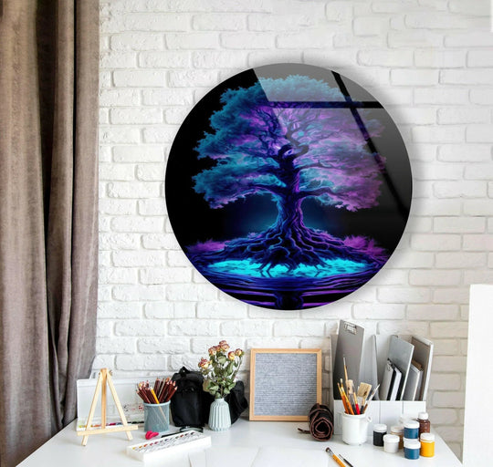Shadows emphasize the glowing illumination in this round glass wall art decor featuring a vibrant purple life tree, contrasting against the bright, reflective surface.