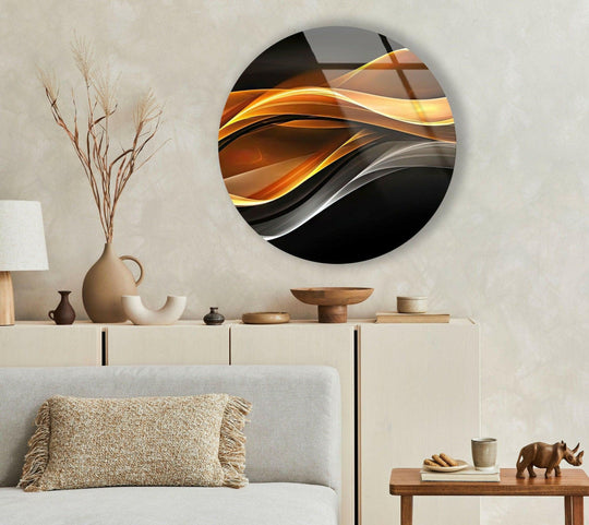 Dry, feathery pampas grass complements the elegant silver and gold abstract round tempered glass wall art, adding textural softness to the scene.