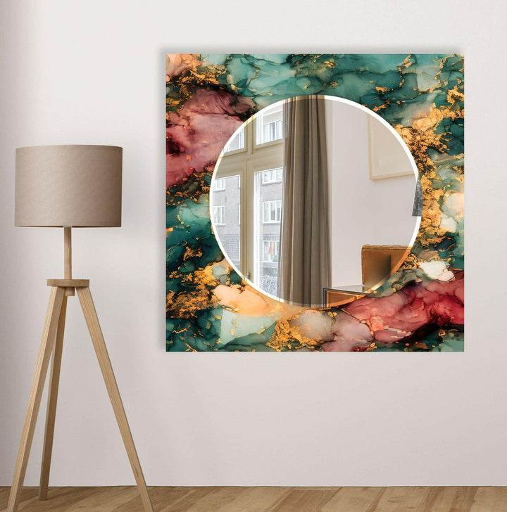 Marble Green & Orange Round Wall Mirror Living Room Mirror
