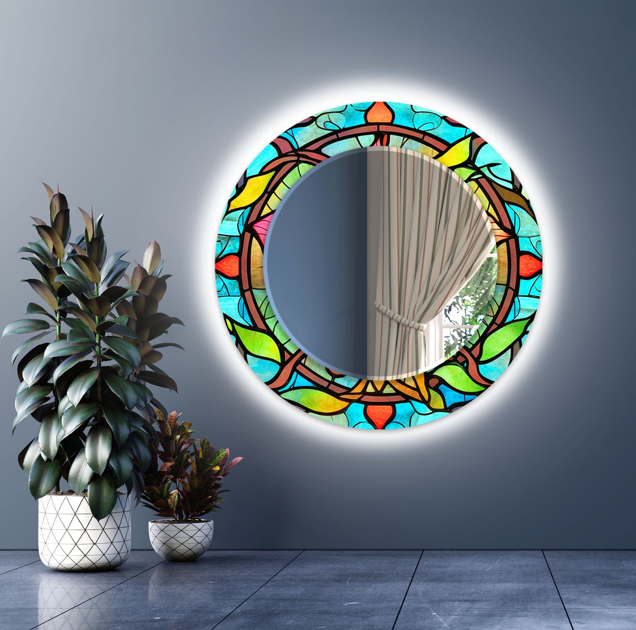 Abstract Tempered Glass Wall Mirror
