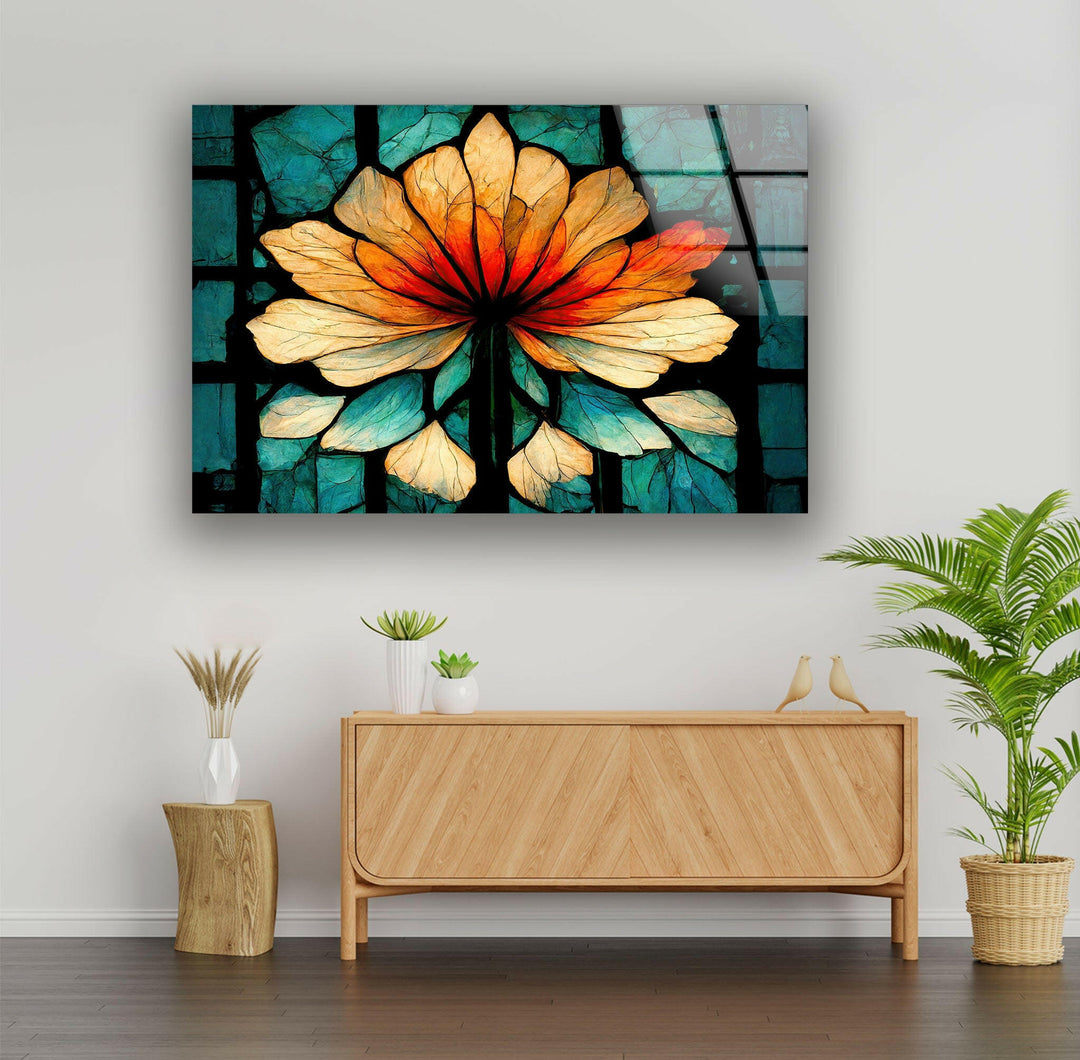 Stained Orange Floral Glass Wall Art custom glass pictures, glass art prints
