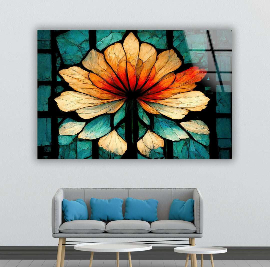 Stained Orange Floral Glass Wall Art glass pictures for Wall, glass prints wall art