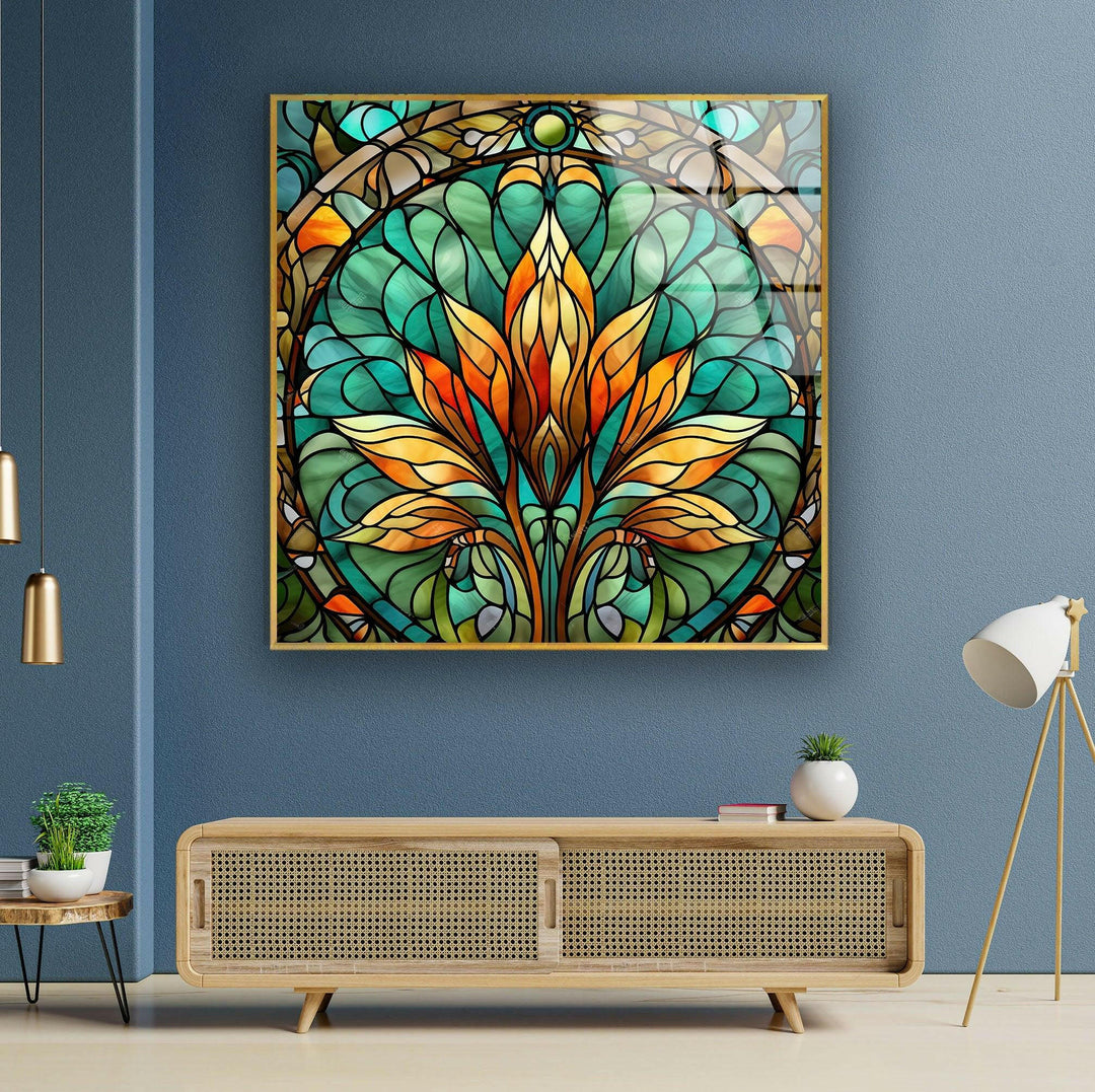 Stained Green & Orange Glass Wall Art photo print on glass, prints on glass wall art