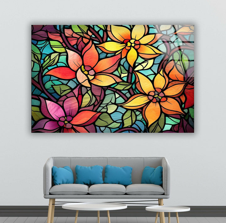 Multicolored Flowers Glass Wall Art stained glass wall art, stained glass wall decor
