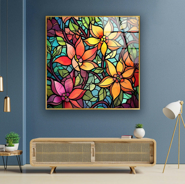 Multicolored Flowers Glass Wall Art print picture on glass, Tempered Glass Wall Art