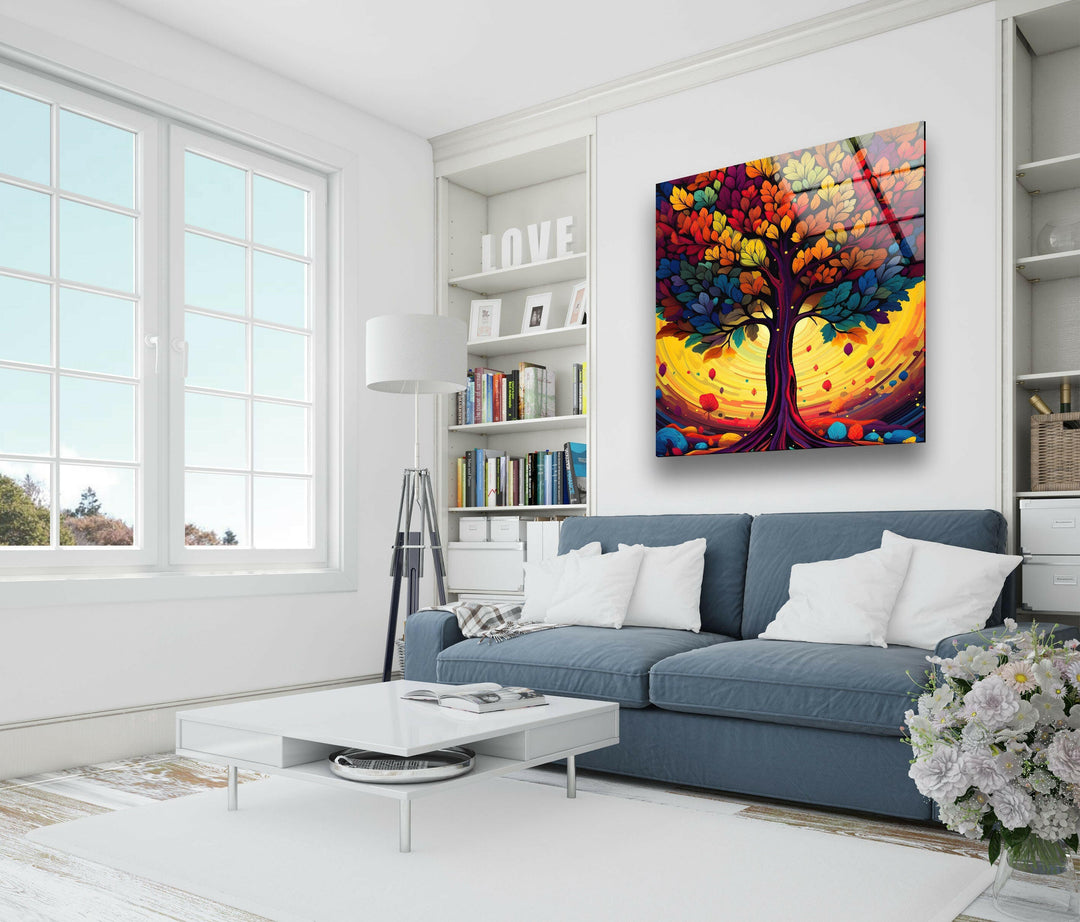 Colorful Tree Painting Glass Wall Art print picture on glass, Tempered Glass Wall Art