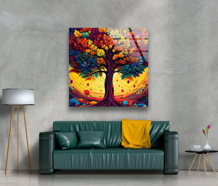 Colorful Tree Painting Glass Wall Art custom glass photo prints, large glass prints