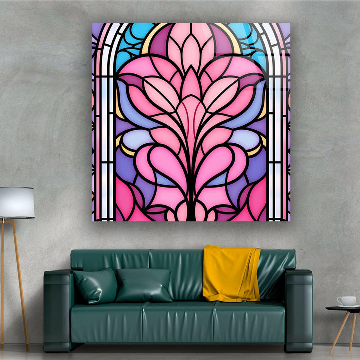Stained Pink Floral Glass Wall Art picture on glass wall art, photos printed on glass