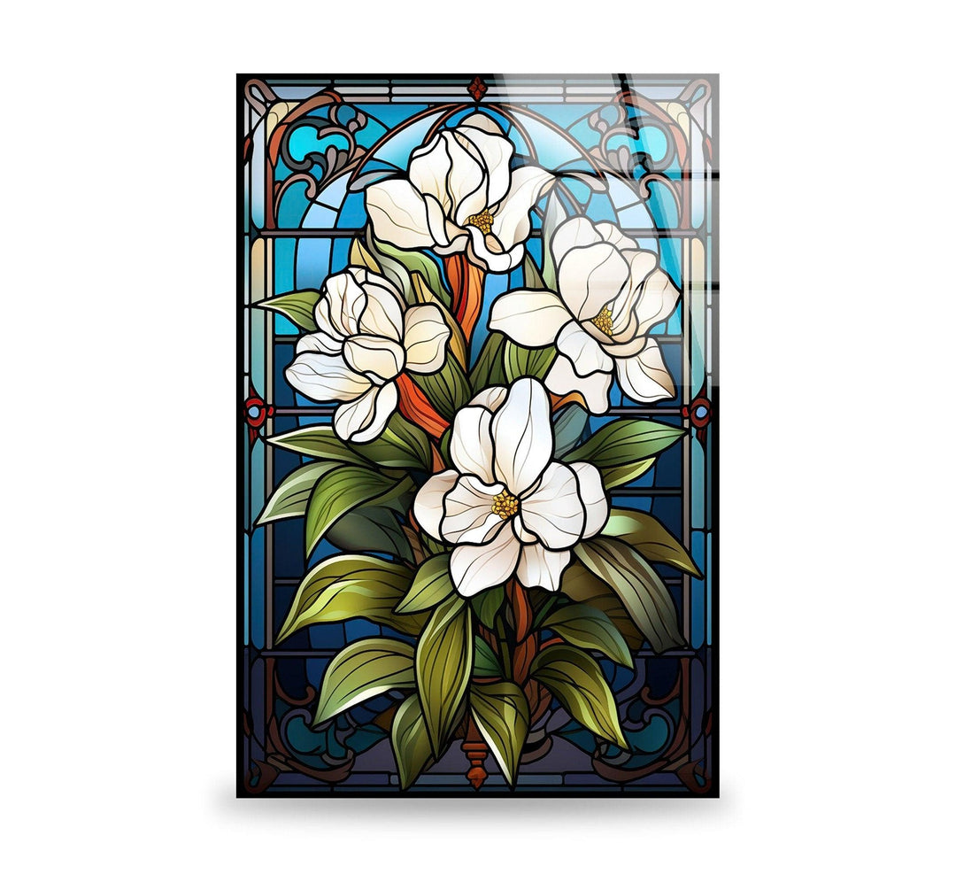 Stained Glass Window With White Flower Glass Wall Art, custom glass pictures, glass art prints