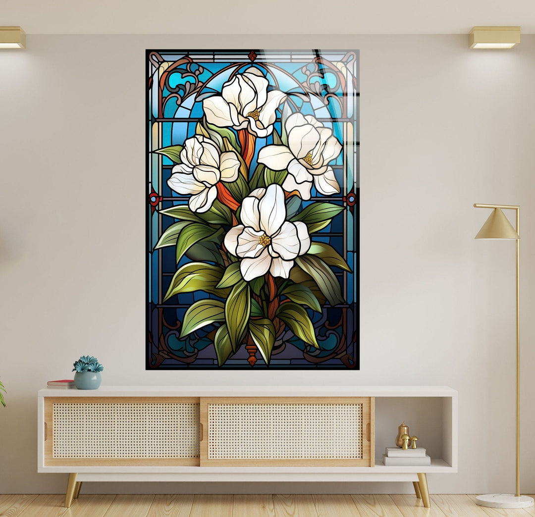 Stained Glass Window With White Flower Glass Wall Art, glass photo prints, glass picture prints