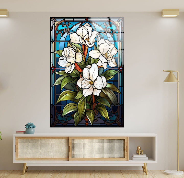 Stained Glass Window With White Flower Glass Wall Art, glass photo prints, glass picture prints