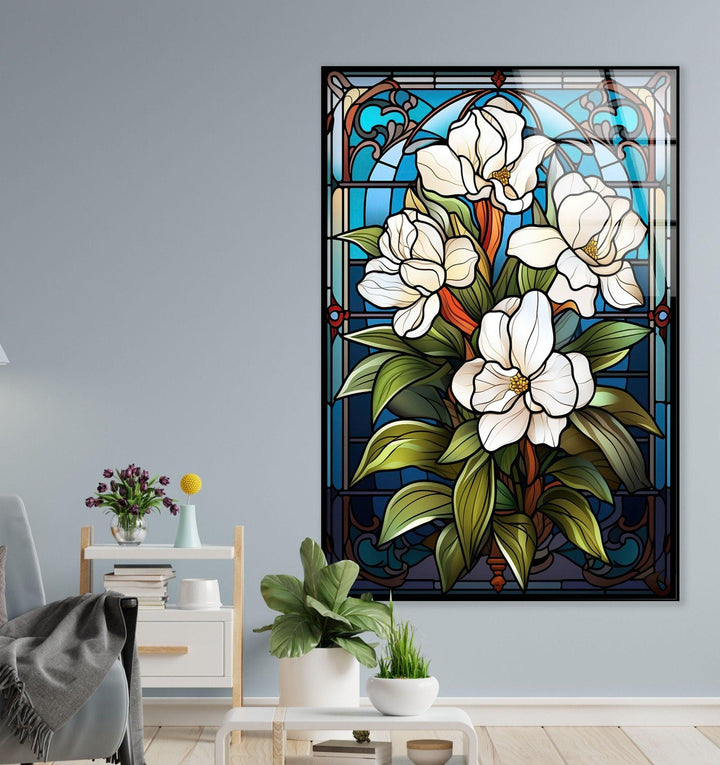 Stained Glass Window With White Flower Glass Wall Art, glass image printing, glass prints from photos