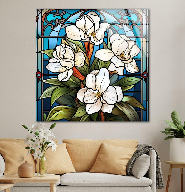 Stained Glass Window With White Flower Glass Wall Art, Glass Printing Wall Art, Print photos on glass