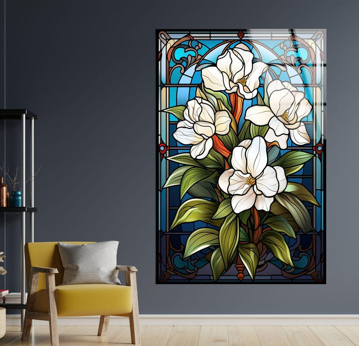 Stained Glass Window With White Flower Glass Wall Art, glass pictures for Wall, glass prints wall art
