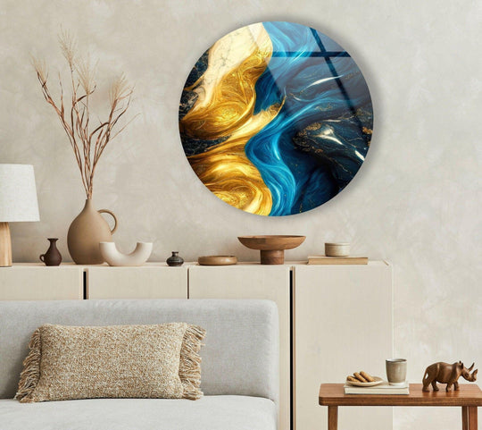 Reflective finish on this marble round yellow and blue glass hanging wall art accentuates the fluid swirls of color in the vibrant design.