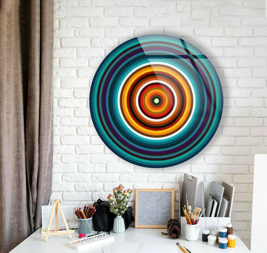 Visual rhythm is created by the concentric circles of color in this modern blue abstract round glass wall art decor, bringing dynamic movement to the design.