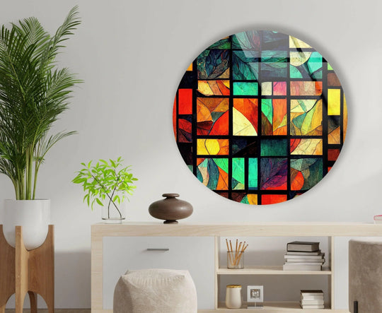 Highlighted negative space accentuates the bright, grid-like pattern of this yellow and green stained round glass wall art, a perfect home decoration.