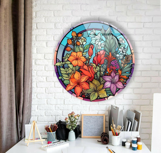 The darkest area highlights the intricate lead lines of this colored stained flower round glass wall art, showcasing the best glass art with vibrant, floral details.