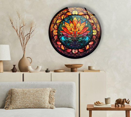 Radiating outwards, the stained orange lotus design in this round glass wall art decor swirls with a vibrant sense of movement and energy.