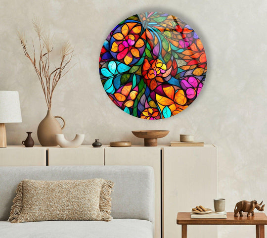 The brightest area of this stained colored fractal round highlights its vibrant and intricate design as gorgeous glass wall artwork.