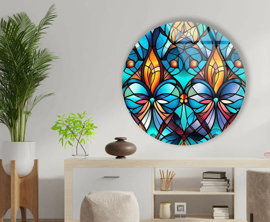 Featuring an abstract quality, this mosaic round blue glass wall art forms unique modern wall decor with its kaleidoscopic design and rich, tempered texture.