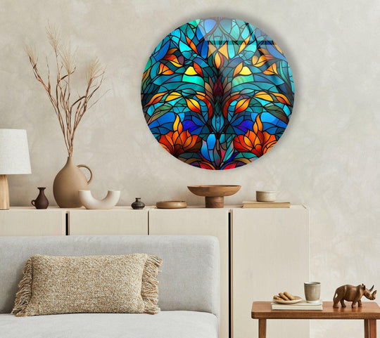 Rippling outward, the Blue Stained Round Tree Glass Wall Art creates a sense of movement, making it a piece of unique modern wall decor.