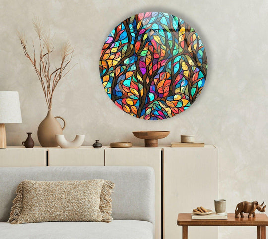 Gradual shading shows the blend of vibrant colors in this stained round colorful leaves glass art painting, offering a unique transition across the entire piece.