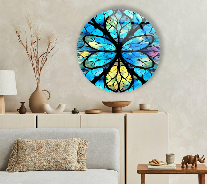 Stained Round Blue Mandala Glass Wall Art glass photo prints, glass picture prints
