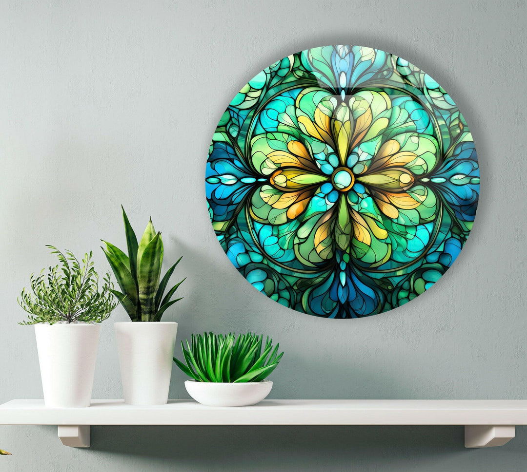 Big Green Flower Stained Round Glass Wall Art glass art painting, glass art for the Wall
