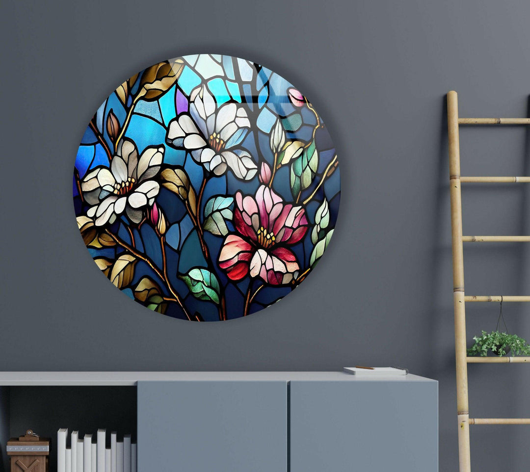 Stained White Magnolia Round Glass Wall Art glass photo prints, glass picture prints
