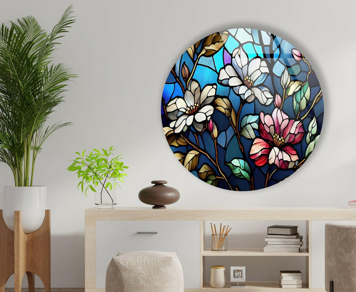 Stained White Magnolia Round Glass Wall Art glass image printing, glass prints from photos
