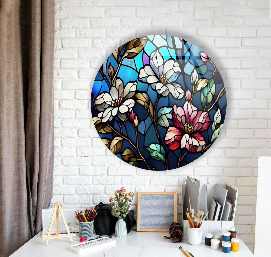 Stained White Magnolia Round Glass Wall Art custom glass pictures, glass art prints
