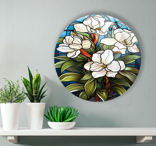 Rhythmic curves in the stained round white flowers hanging wall art create a captivating visual flow, enhancing the overall aesthetic.