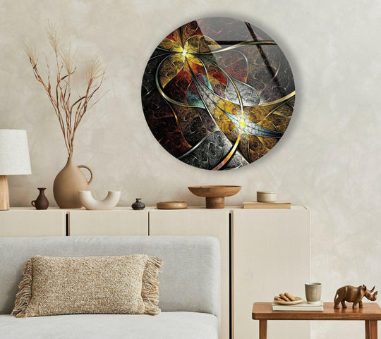 Foreground pillow with a woven texture sits on a gray sofa, complementing the round symmetrical fractal flower tempered glass wall art hanging above the console.
