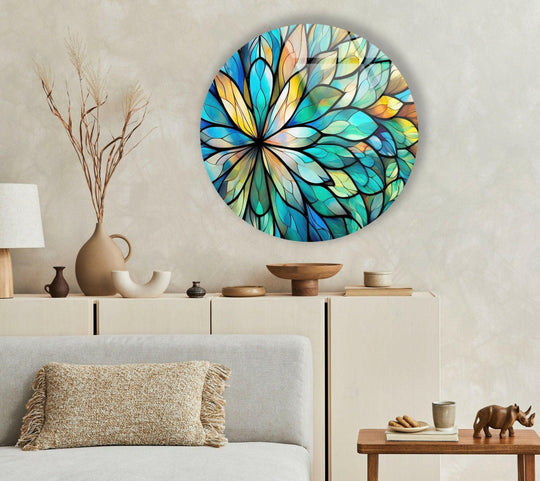 Color contrast highlights the beautiful stained green flower hanging wall art, showcasing its intricate design and vibrant hues.
