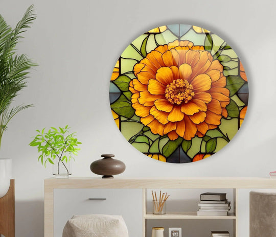 Displaying the fluid, interconnected design of the Marigold Flower Stained Round Glass Wall Art through the beauty of nature in glass printing.