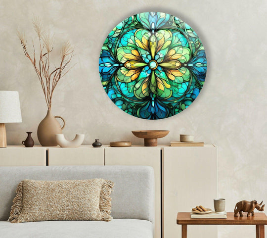 The focal point reveals this big green flower stained round art from glass, exhibiting a kaleidoscope of turquoise, yellow, and verdant hues in a mesmerizing floral design.