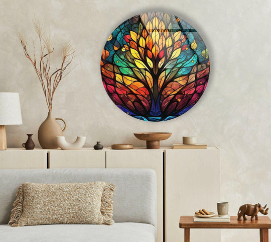 A colorful tree design, the central subject of this round glass wall art, exemplifies the beauty of glass printing with its vivid, stained-like appearance.