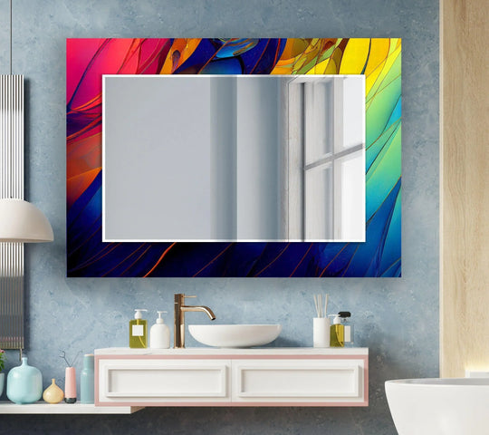 The horizontal large wall mirror has a modern colored abstract design and is a stained glass mirror for bold artistic home decor