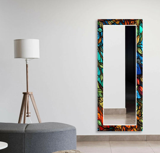 The long mirror shows a colorful stained trees motif and is a stained glass mirror featuring stained glass branches plus nature inspired artistic design