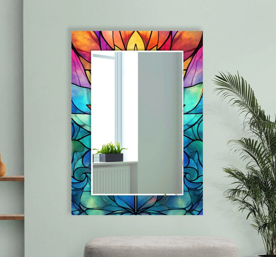 The stained glass mirror shows a colorful flower motif and is a lovely stained extra large wall mirror and a soft colored floral mirror art for elegant artistic decor